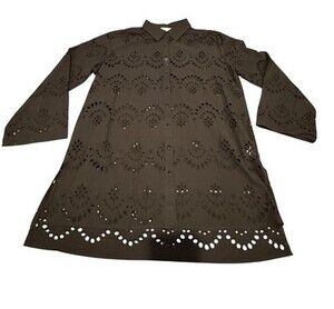 Adiva Women's Lace Eyelet Cotton Long Sleeve Button Down Top Black XL